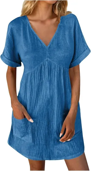 Casual Summer Solid V Neck Dress Short Sleeve Mini Patchwork Pleated Dress Flowy Loose Fit Dress with Pockets