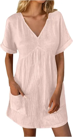 Casual Summer Solid V Neck Dress Short Sleeve Mini Patchwork Pleated Dress Flowy Loose Fit Dress with Pockets
