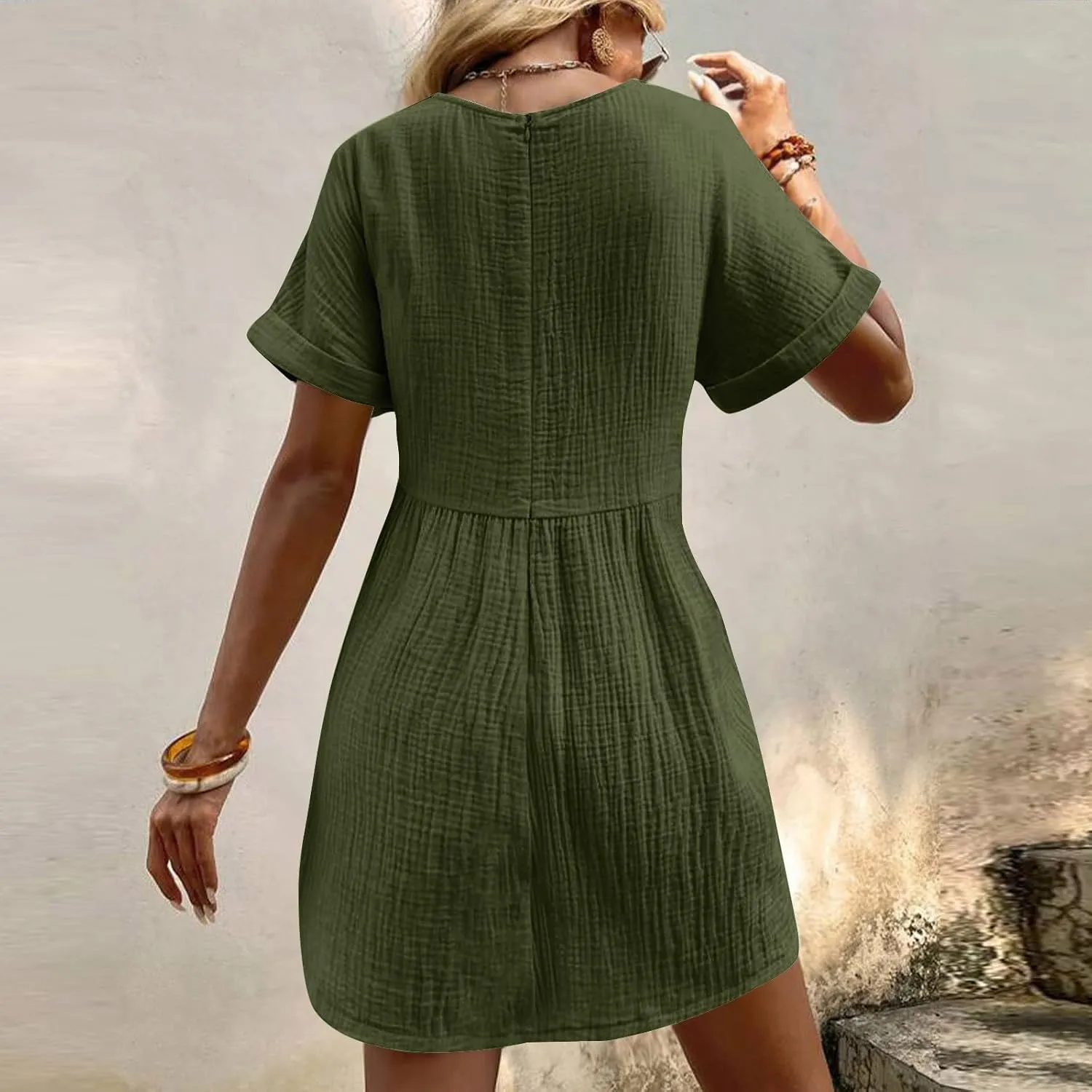 Casual Summer Solid V Neck Dress Short Sleeve Mini Patchwork Pleated Dress Flowy Loose Fit Dress with Pockets