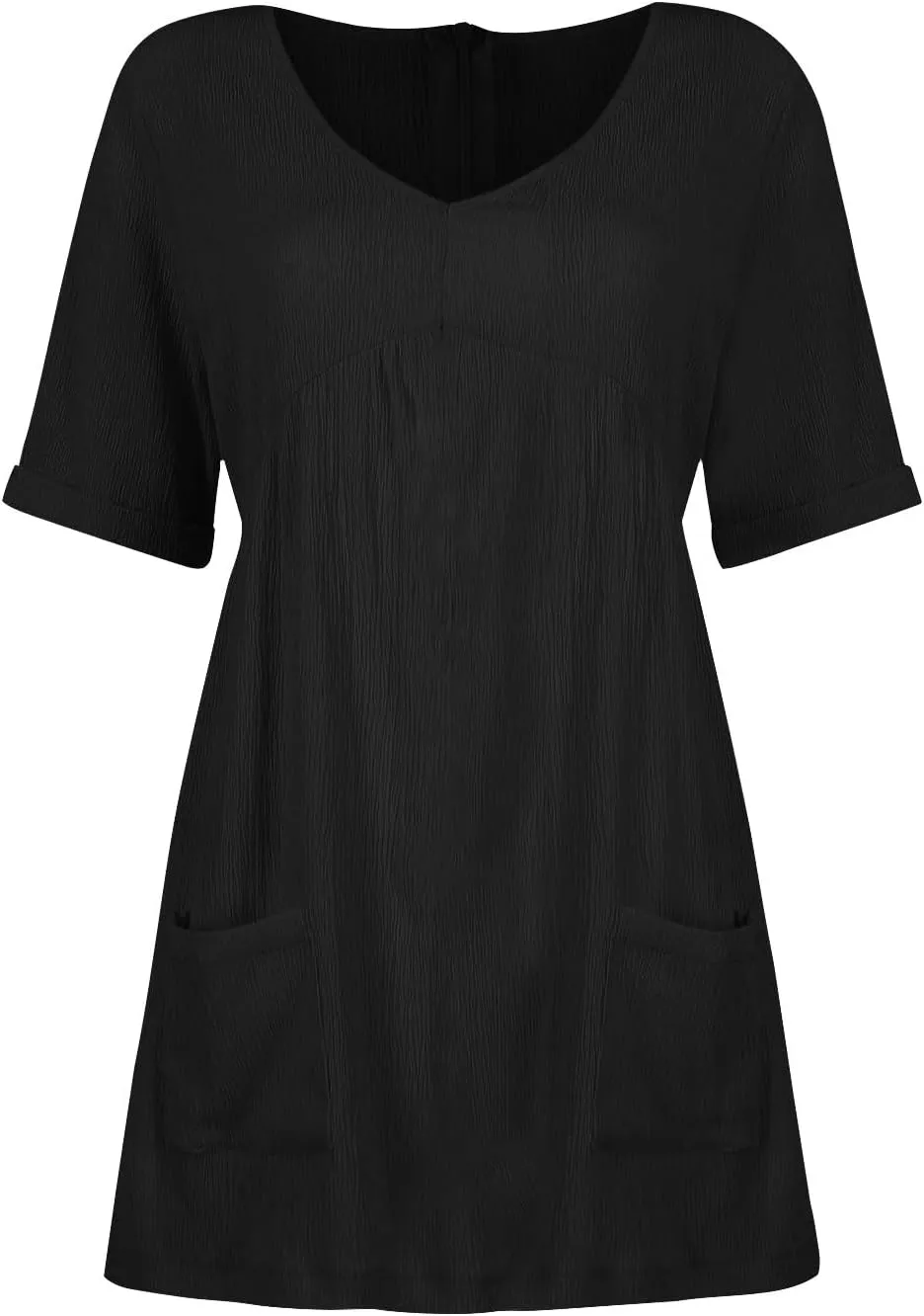 Casual Summer Solid V Neck Dress Short Sleeve Mini Patchwork Pleated Dress Flowy Loose Fit Dress with Pockets