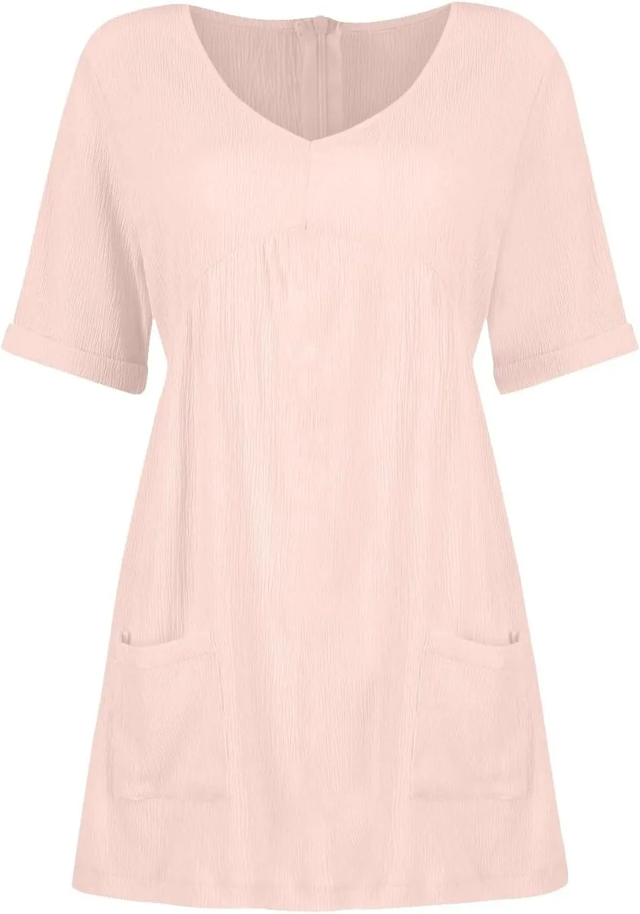Casual Summer Solid V Neck Dress Short Sleeve Mini Patchwork Pleated Dress Flowy Loose Fit Dress with Pockets