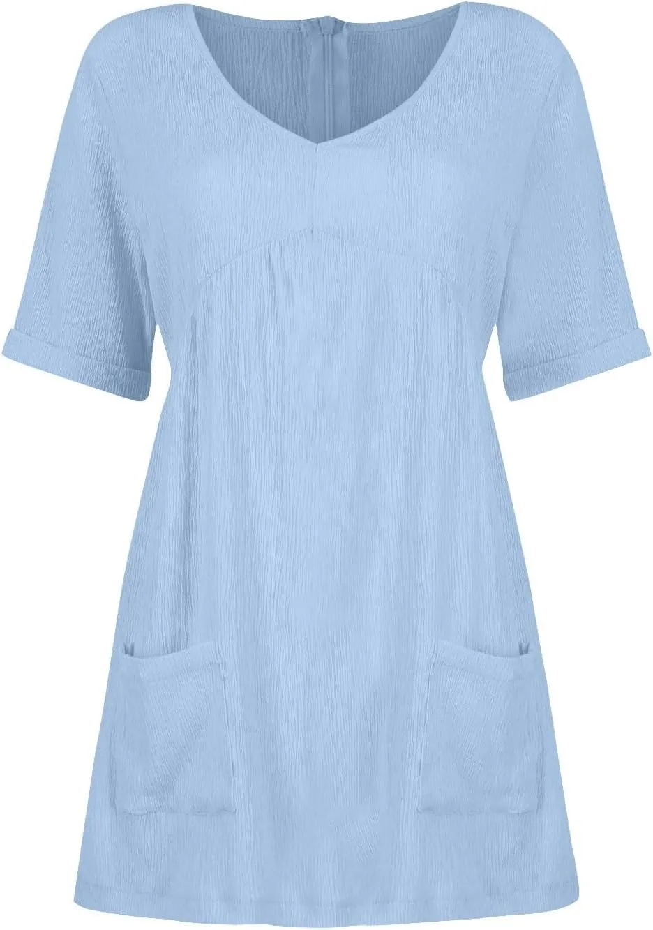 Casual Summer Solid V Neck Dress Short Sleeve Mini Patchwork Pleated Dress Flowy Loose Fit Dress with Pockets