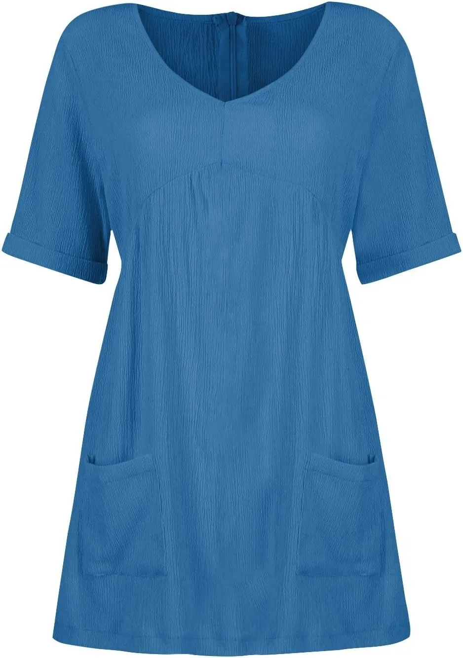 Casual Summer Solid V Neck Dress Short Sleeve Mini Patchwork Pleated Dress Flowy Loose Fit Dress with Pockets
