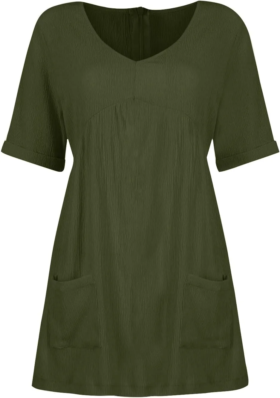 Casual Summer Solid V Neck Dress Short Sleeve Mini Patchwork Pleated Dress Flowy Loose Fit Dress with Pockets