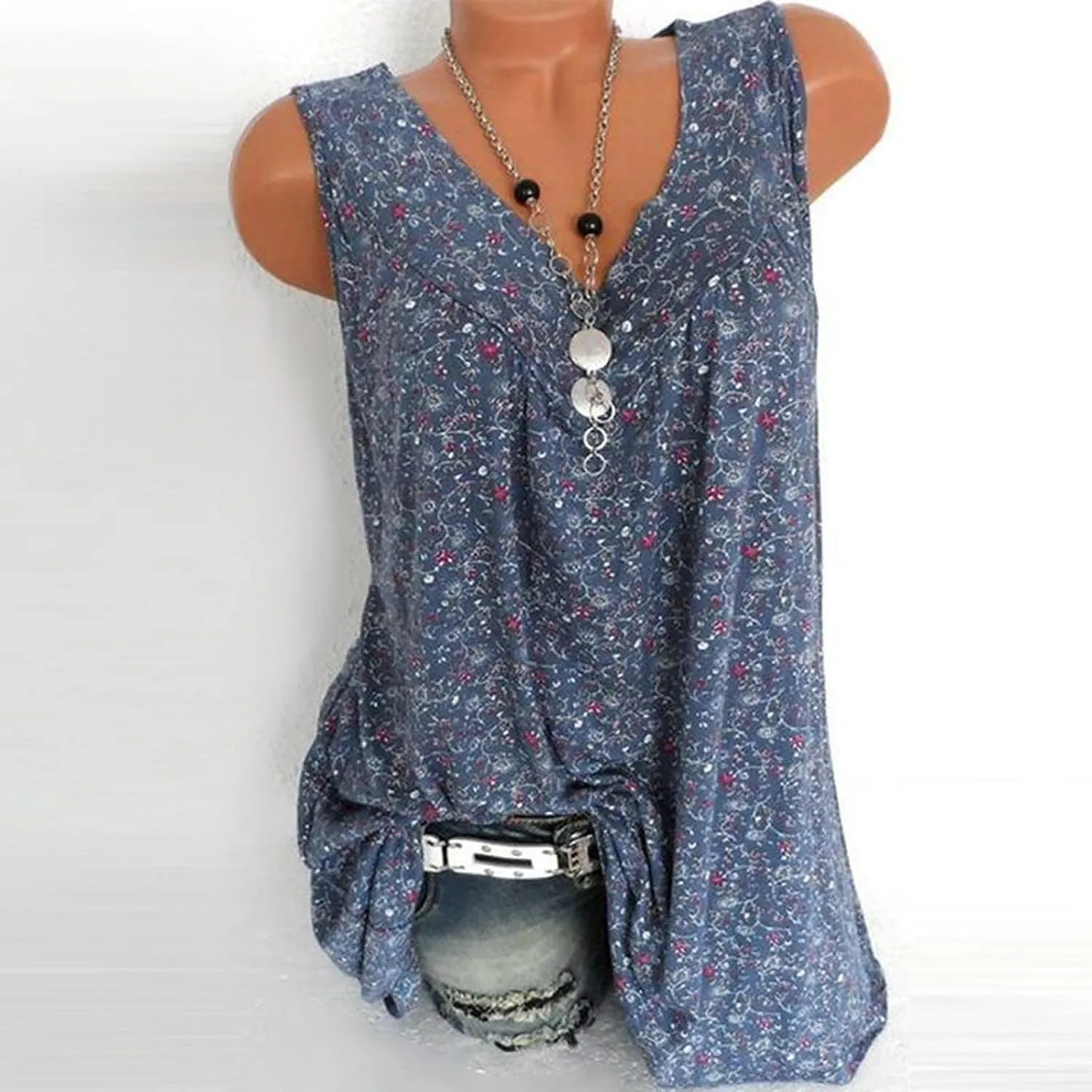 Ceboyel Women 2023 Boho Floral Summer Shirts V Neck Sleeveless Summer Tank Top Loose Fitted Blouse Tunic Ladies Beach Clothes