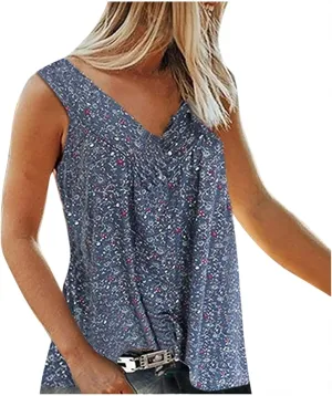 Ceboyel Women 2023 Boho Floral Summer Shirts V Neck Sleeveless Summer Tank Top Loose Fitted Blouse Tunic Ladies Beach Clothes