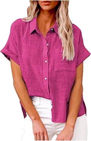 Ceboyel Women Short Sleeve Cotton Linen Shirts Button Down Blouse Cute Summer Tops for Teen Girls Casual Sexy Gauze Collared Summer Tops for Teens Boho Casual Ladies Clothes Hot Pink 2X