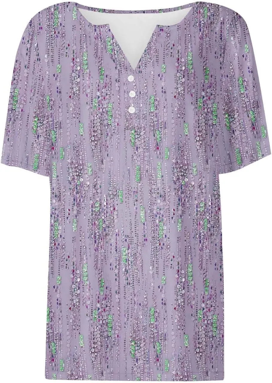 Ceboyel Womens Floral Print Summer Tops 2024 Dressy Causal Blouses Short Sleeve Henley Shirts Trendy Ladies Clothes