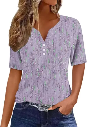 Ceboyel Womens Floral Print Summer Tops 2024 Dressy Causal Blouses Short Sleeve Henley Shirts Trendy Ladies Clothes