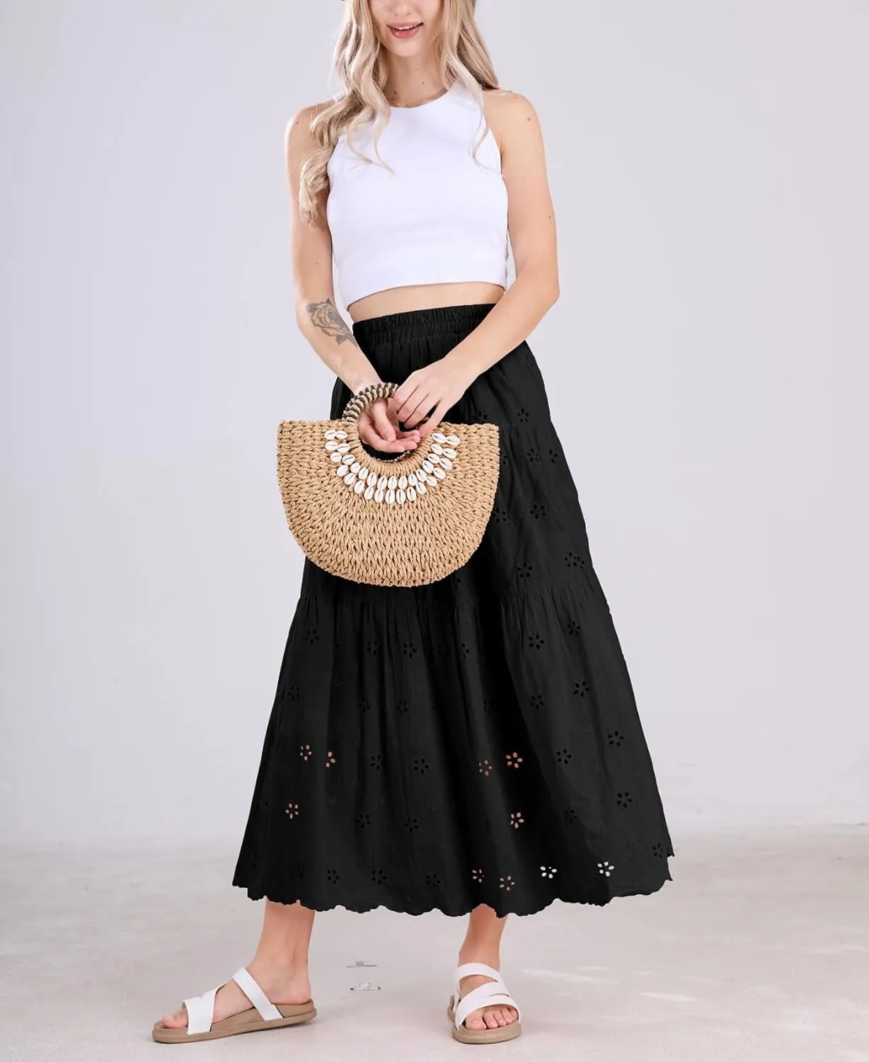 chouyatou Women's Lace Embroidery Eyelet Boho Skirt High Elastic Waisted Flowy Swing Midi Long Skirt