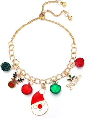 Christmas Bracelets for Women Small Bell Bracelets Funny Tassel Bead Bracelets Gold Link Bracelets Bell Santa Claus Elk Charm Pendant Bracelets for Friends Friendship Jewelry Gifts for Her
