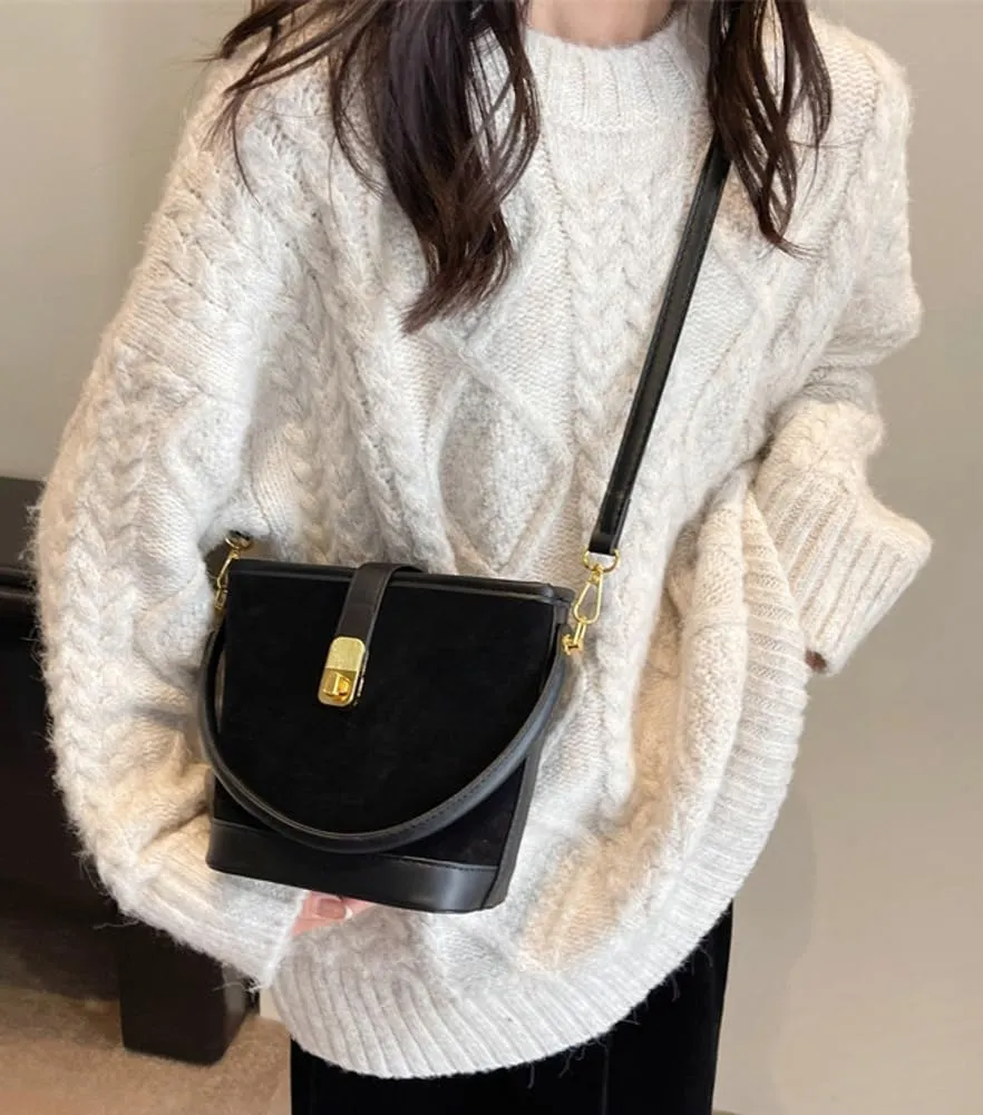 Classic Suede Bucket Bag for Women Large Capacity Crossbody Bag Elegant Top Handle Purse Slouchy Bag with Adjustable Strap