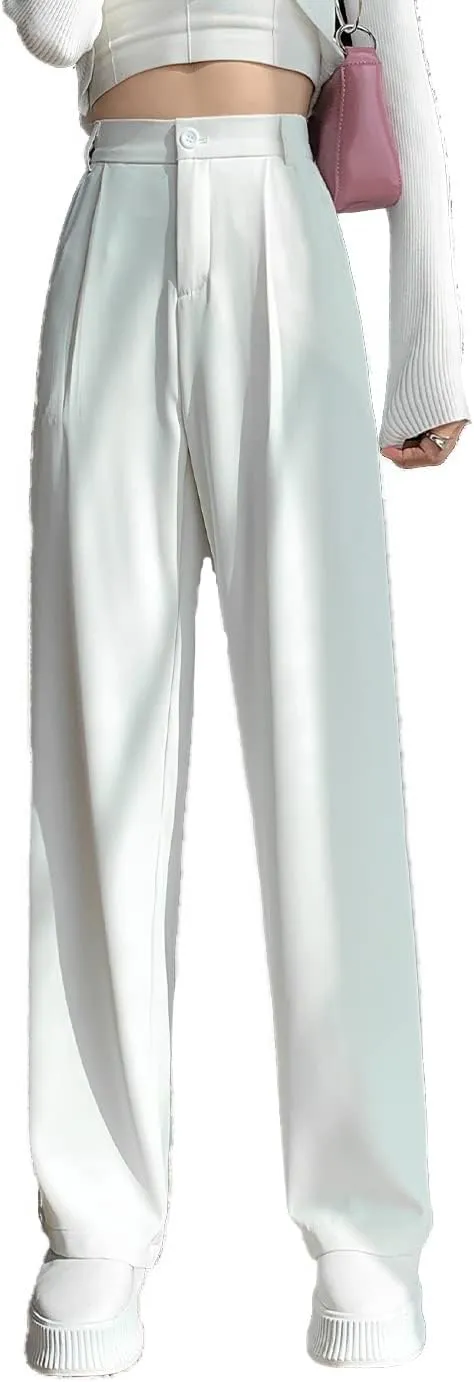 Cocoinsity Women Casual Suit Pants Solid High Waist Button Down Straight Loose Trousers