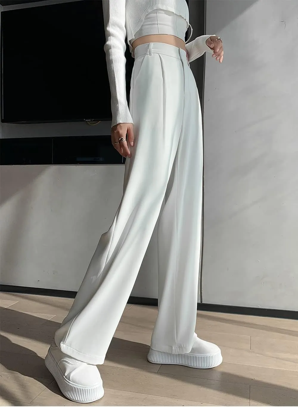 Cocoinsity Women Casual Suit Pants Solid High Waist Button Down Straight Loose Trousers