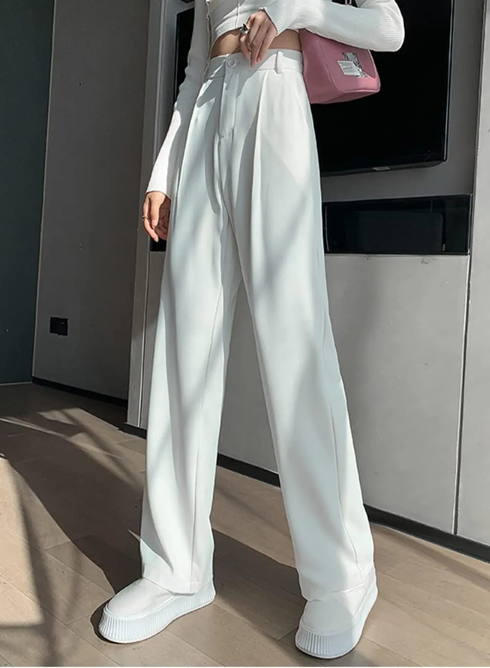 Cocoinsity Women Casual Suit Pants Solid High Waist Button Down Straight Loose Trousers