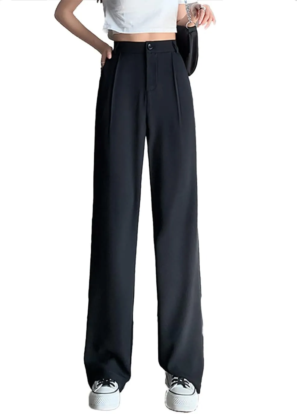 Cocoinsity Women Casual Suit Pants Solid High Waist Button Down Straight Loose Trousers