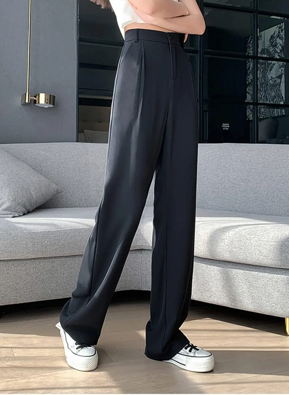 Cocoinsity Women Casual Suit Pants Solid High Waist Button Down Straight Loose Trousers