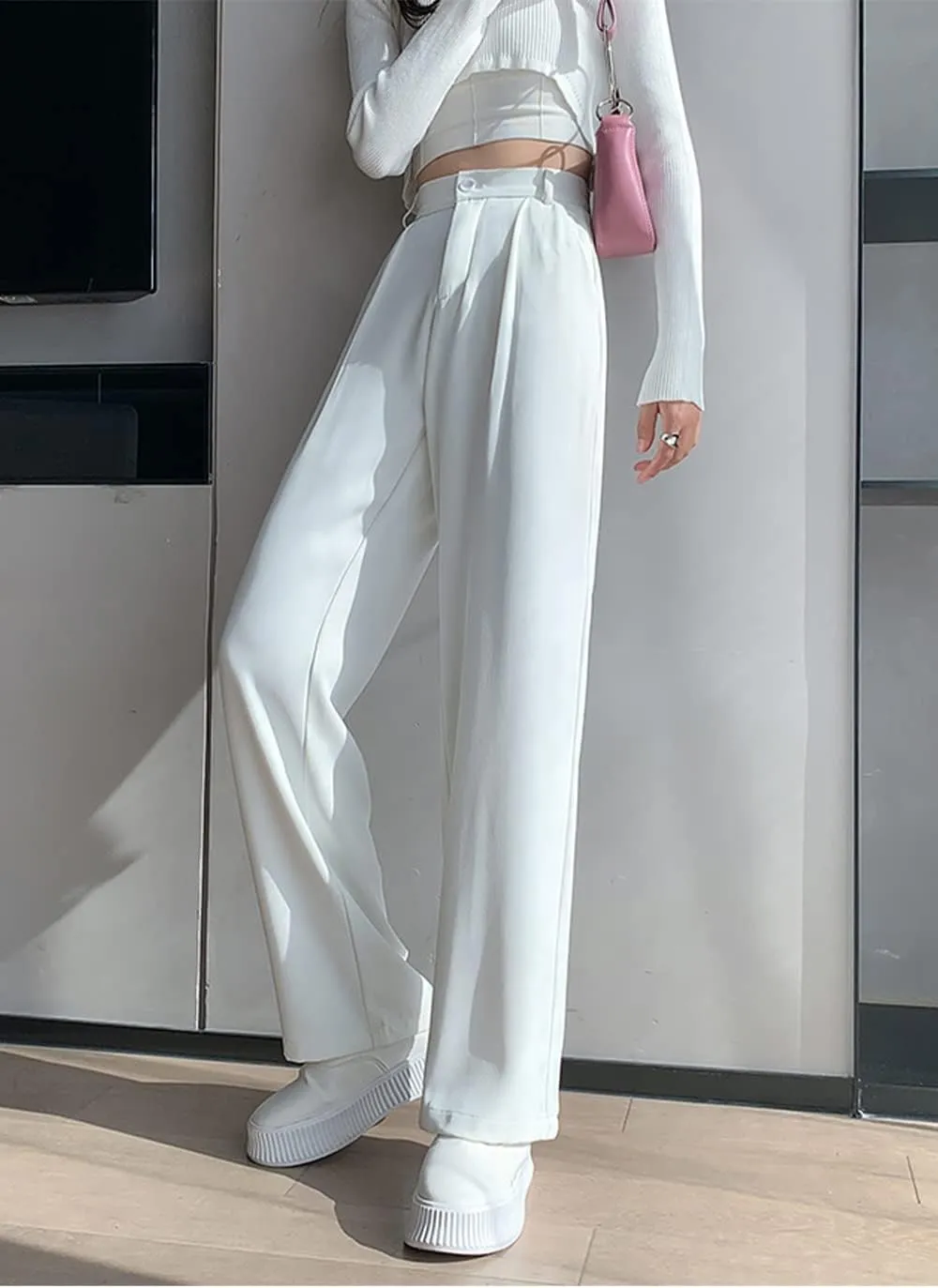 Cocoinsity Women Casual Suit Pants Solid High Waist Button Down Straight Loose Trousers
