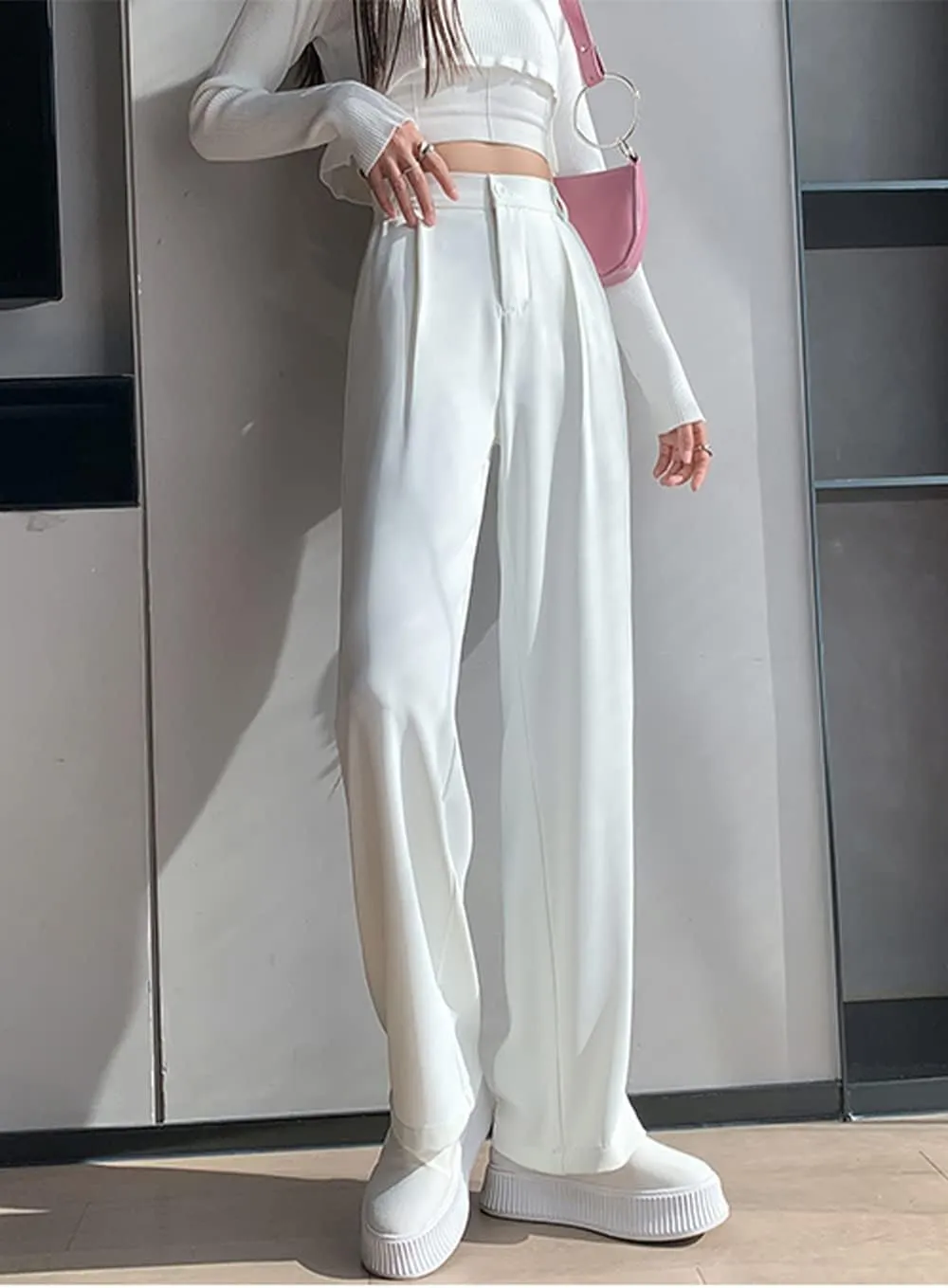 Cocoinsity Women Casual Suit Pants Solid High Waist Button Down Straight Loose Trousers