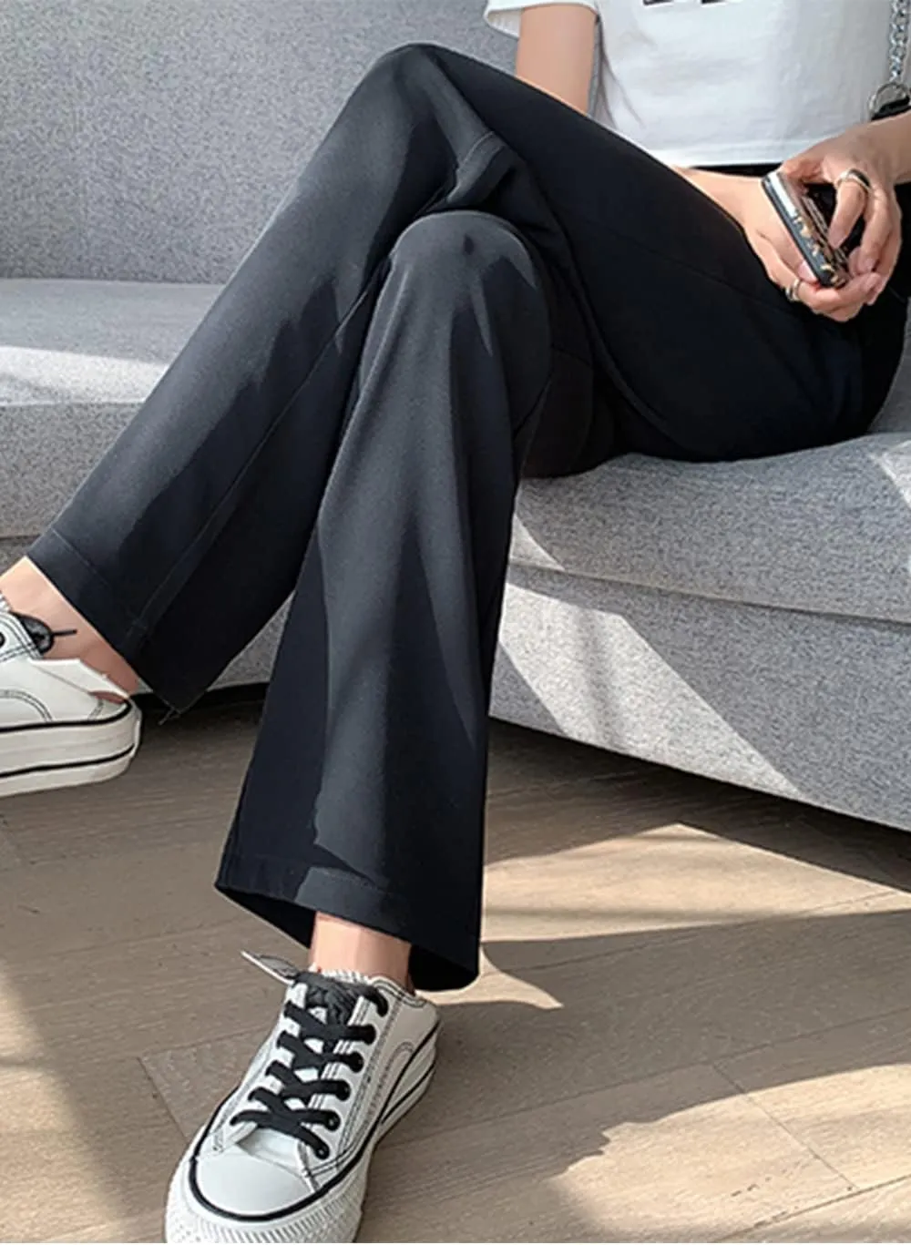 Cocoinsity Women Casual Suit Pants Solid High Waist Button Down Straight Loose Trousers