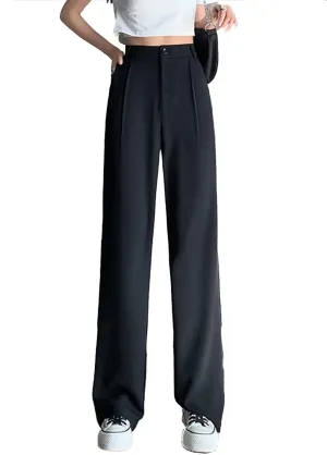 Cocoinsity Women Casual Suit Pants Solid High Waist Button Down Straight Loose Trousers