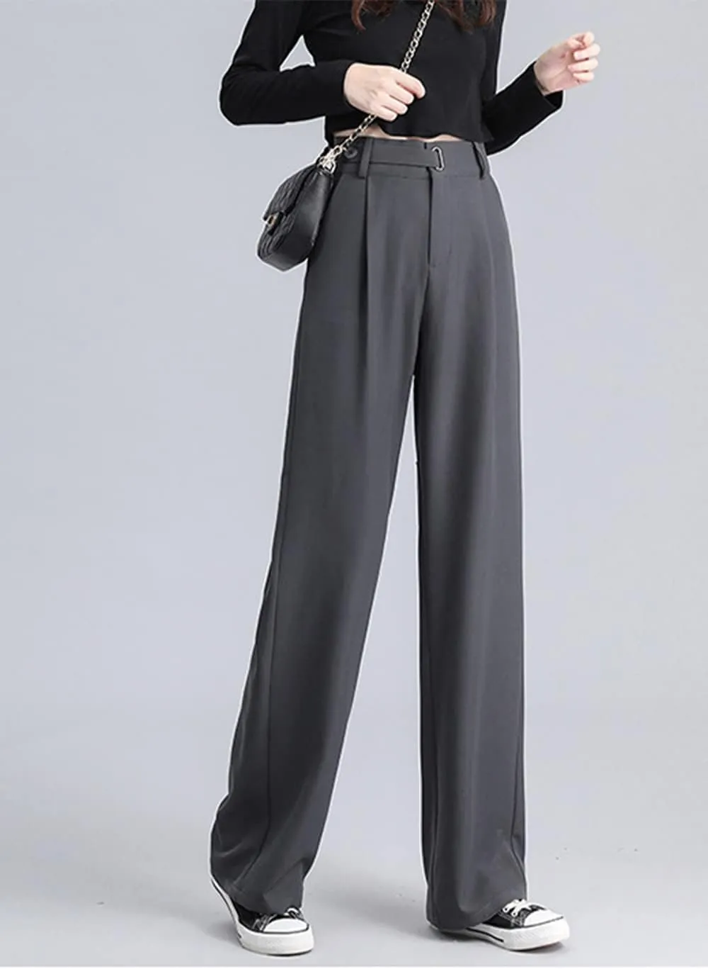 Cocoinsity Women Suit Pants Casual High Waist Solid Button Down Loose Straight Trousers