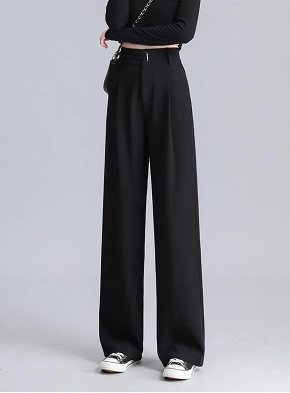 Cocoinsity Women Suit Pants Casual High Waist Solid Button Down Loose Straight Trousers