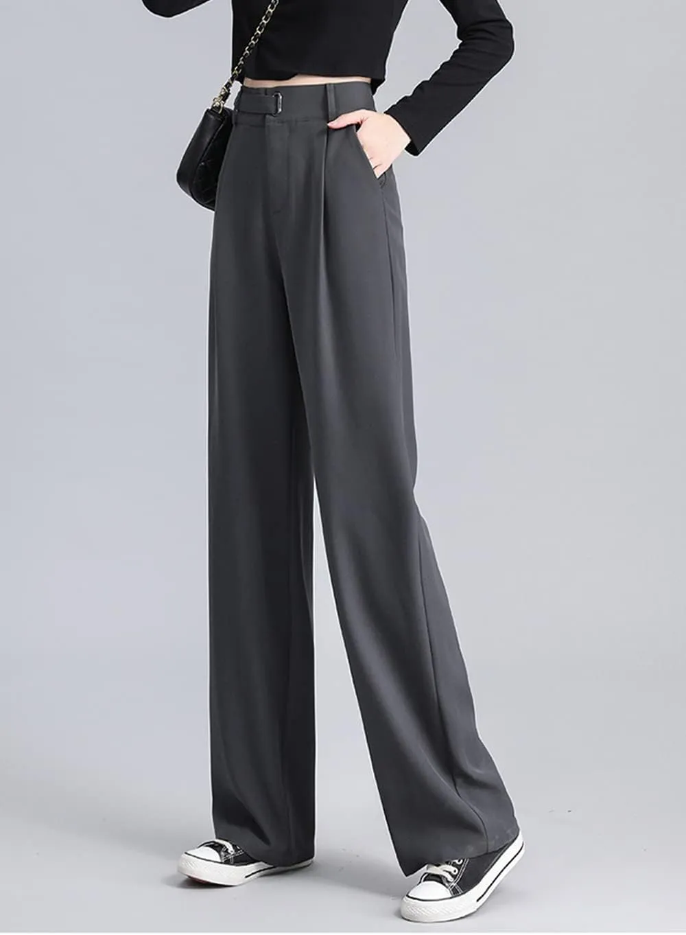 Cocoinsity Women Suit Pants Casual High Waist Solid Button Down Loose Straight Trousers