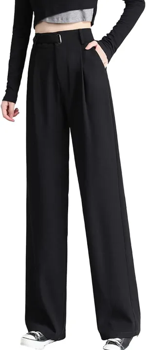 Cocoinsity Women Suit Pants Casual High Waist Solid Button Down Loose Straight Trousers