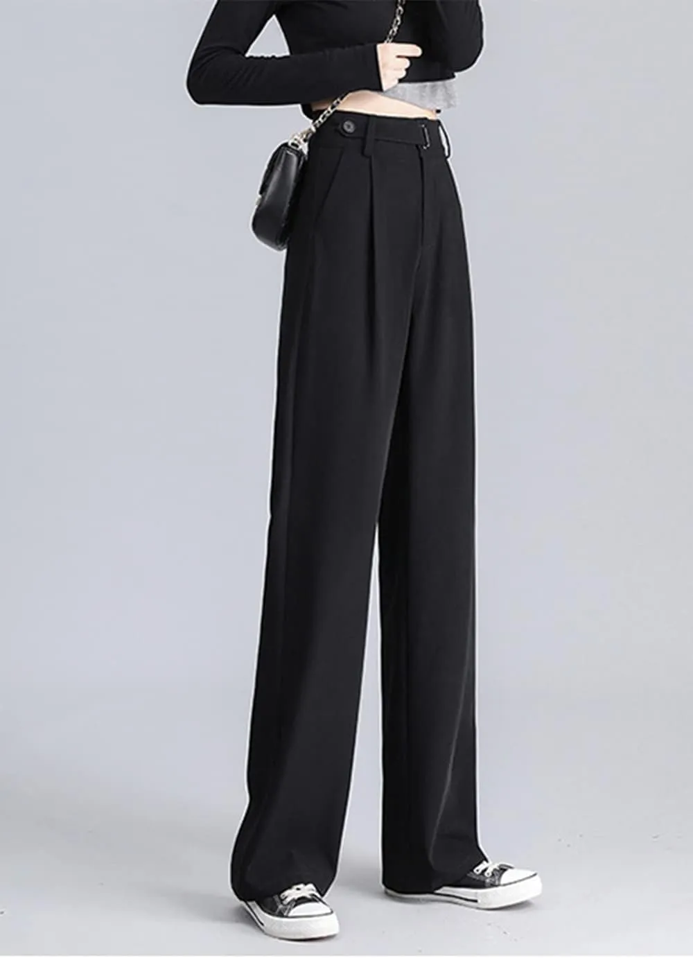 Cocoinsity Women Suit Pants Casual High Waist Solid Button Down Loose Straight Trousers