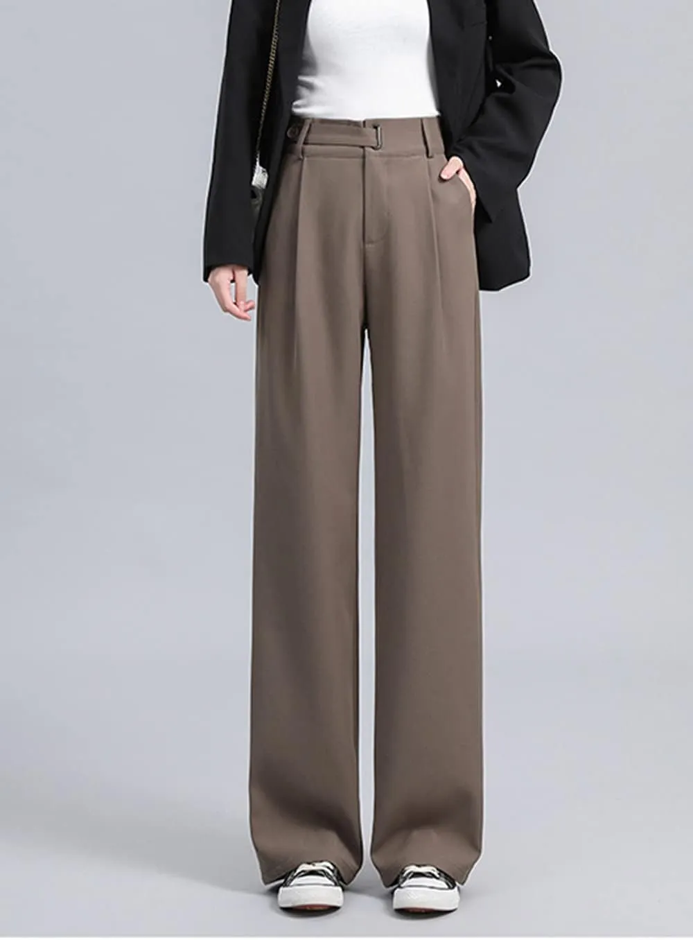 Cocoinsity Women Suit Pants Casual High Waist Solid Button Down Loose Straight Trousers