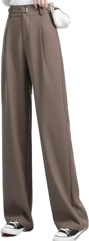 Cocoinsity Women Suit Pants Casual High Waist Solid Button Down Loose Straight Trousers