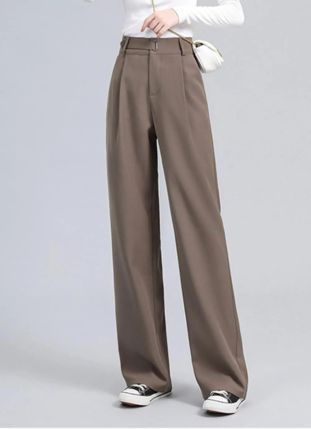 Cocoinsity Women Suit Pants Casual High Waist Solid Button Down Loose Straight Trousers