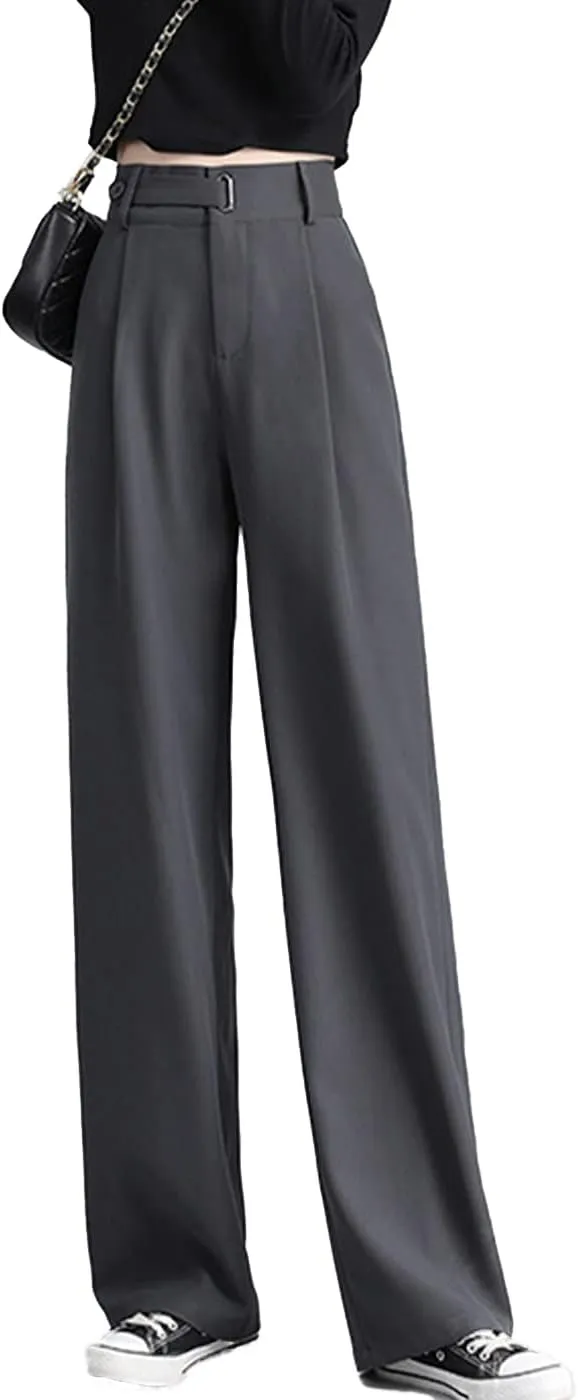 Cocoinsity Women Suit Pants Casual High Waist Solid Button Down Loose Straight Trousers