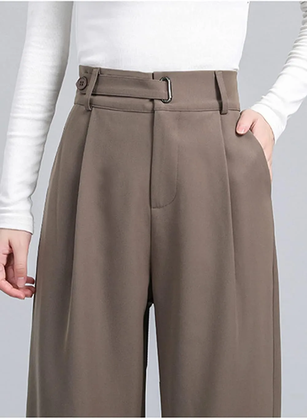 Cocoinsity Women Suit Pants Casual High Waist Solid Button Down Loose Straight Trousers