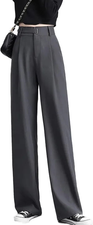 Cocoinsity Women Suit Pants Casual High Waist Solid Button Down Loose Straight Trousers