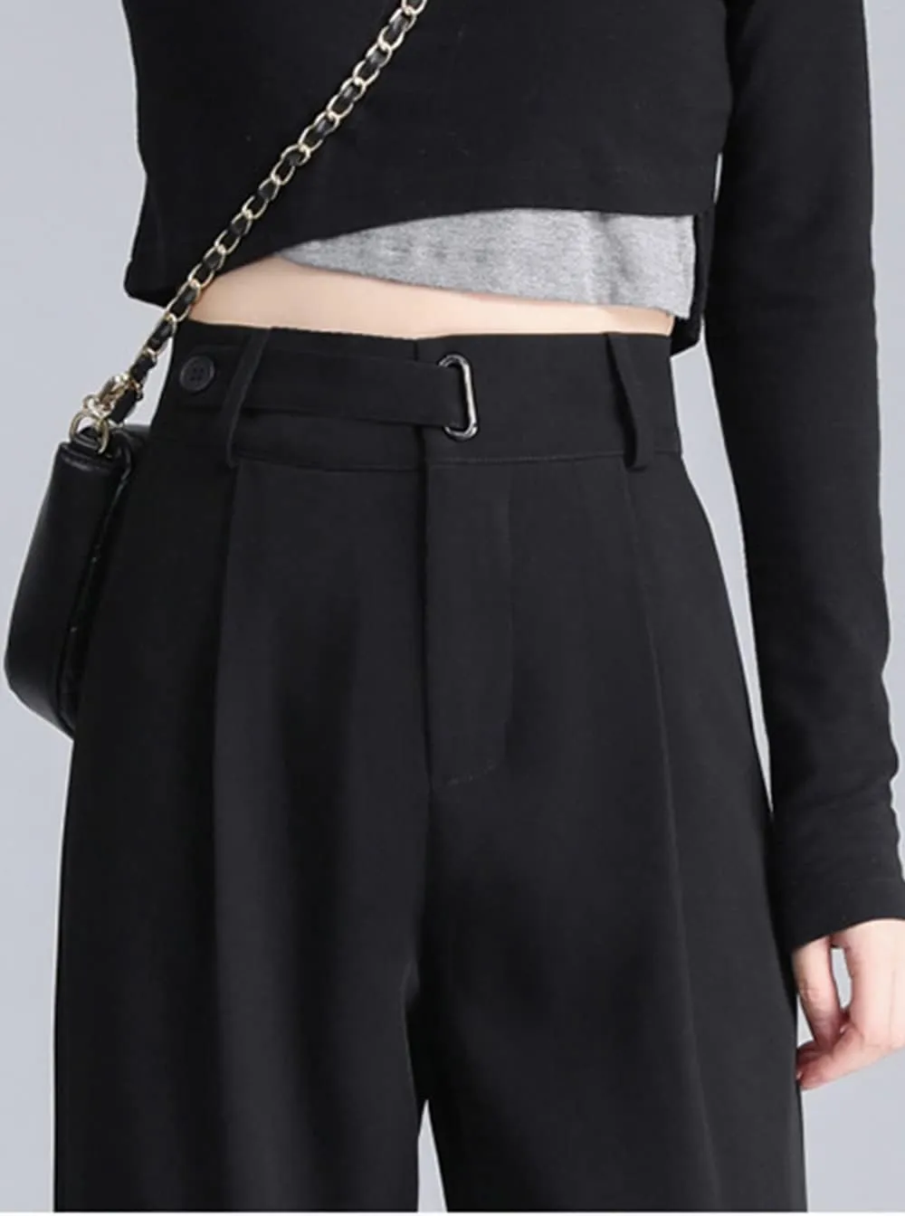 Cocoinsity Women Suit Pants Casual High Waist Solid Button Down Loose Straight Trousers