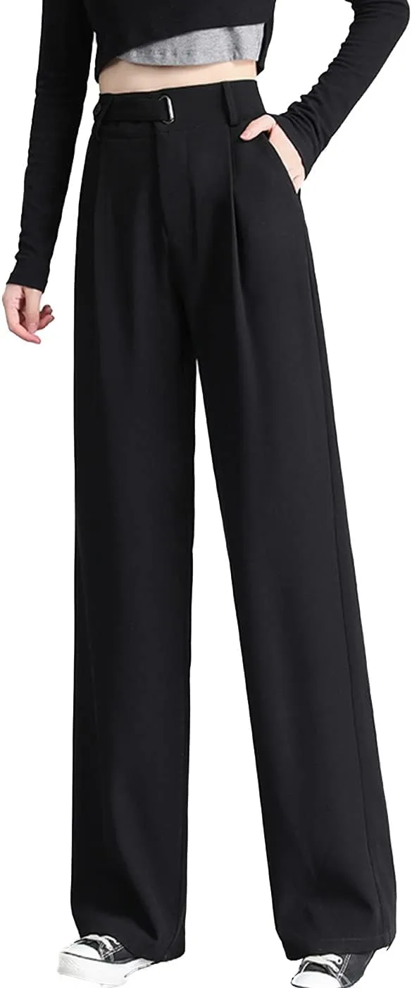 Cocoinsity Women Suit Pants Casual High Waist Solid Button Down Loose Straight Trousers