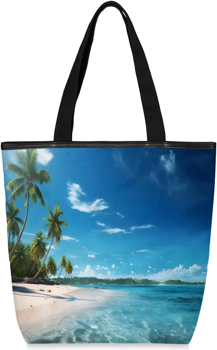 Coconut Beach Scenery Canvas Tote Bag with Zipper and Pockets Canvas Tote Shopping Bag Women Reusable Grocery Bag for Beach Travel Gym Shopping
