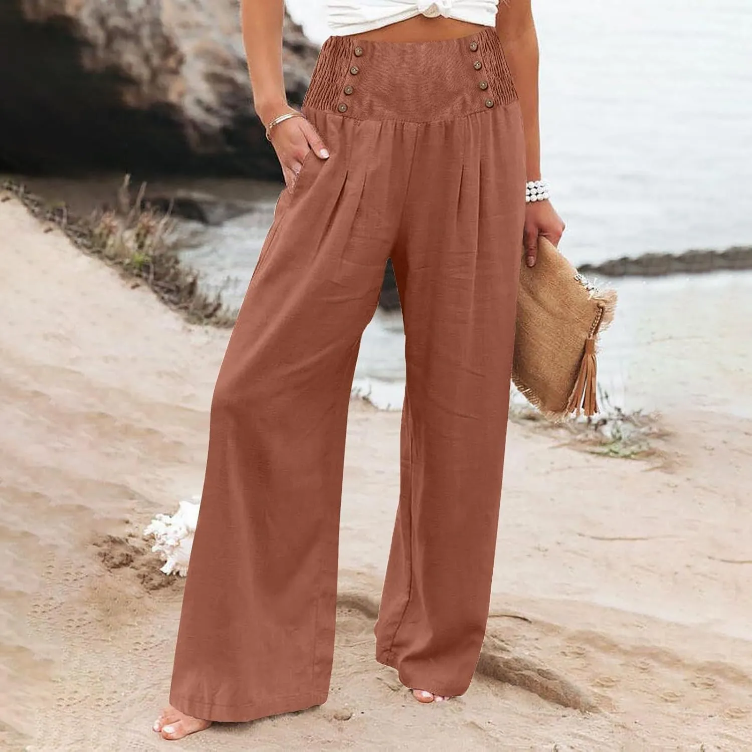Comfy Pants Women Casual Long Elastic Waist Lounge Trousers Wide Leg Relax Fit Linen Vacation Palazzo Sweatpants