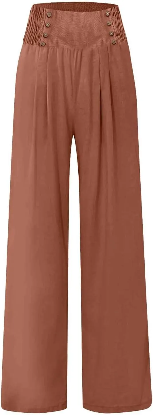 Comfy Pants Women Casual Long Elastic Waist Lounge Trousers Wide Leg Relax Fit Linen Vacation Palazzo Sweatpants
