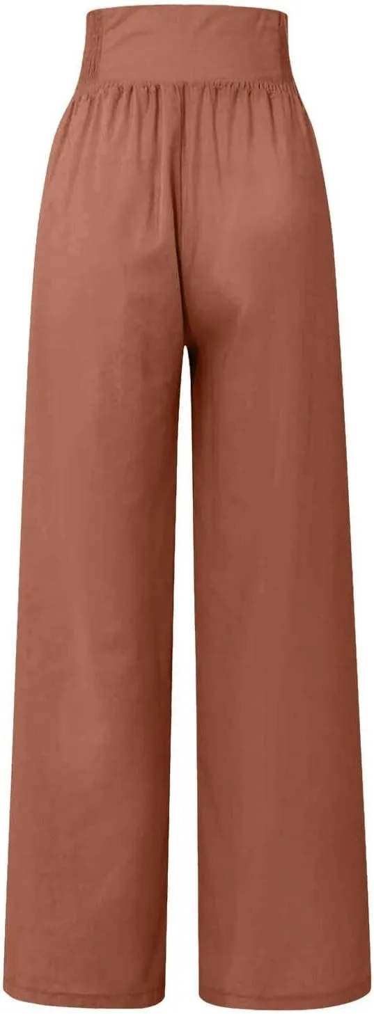Comfy Pants Women Casual Long Elastic Waist Lounge Trousers Wide Leg Relax Fit Linen Vacation Palazzo Sweatpants