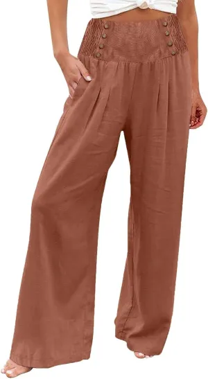 Comfy Pants Women Casual Long Elastic Waist Lounge Trousers Wide Leg Relax Fit Linen Vacation Palazzo Sweatpants