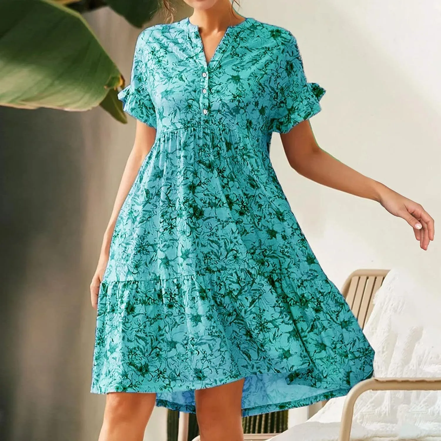 cooki Summer Dresses for Women 2024 Half Puff Sleeve Floral Print Button Down Loose Ruffle Tiered Beach Mini Dress Sundress