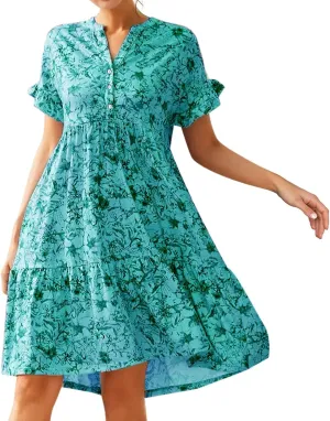 cooki Summer Dresses for Women 2024 Half Puff Sleeve Floral Print Button Down Loose Ruffle Tiered Beach Mini Dress Sundress