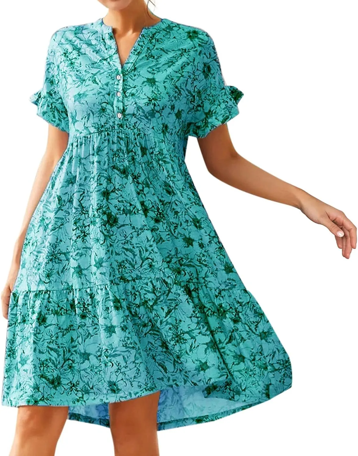 cooki Summer Dresses for Women 2024 Half Puff Sleeve Floral Print Button Down Loose Ruffle Tiered Beach Mini Dress Sundress