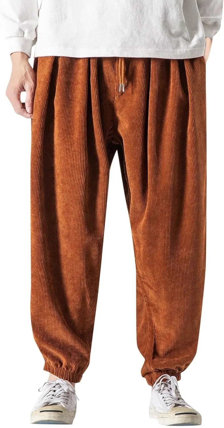 Corduroy Harem Pants for Men Relaxed Fit Plus Size Hip Hop Tapered Trousers Autumn and Winter Loose Fit Stretch Casual Pants