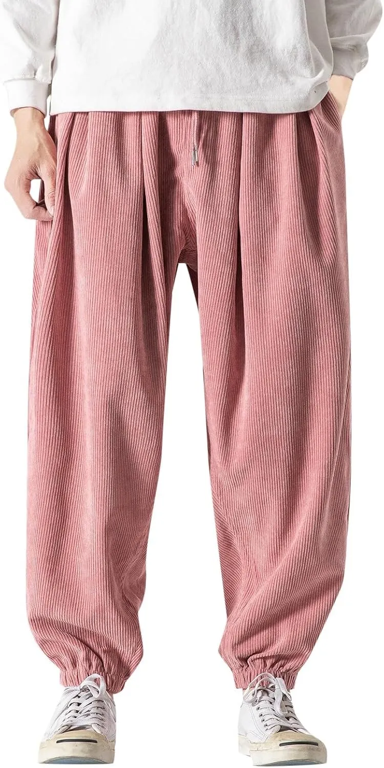 Corduroy Harem Pants for Men Relaxed Fit Plus Size Hip Hop Tapered Trousers Autumn and Winter Loose Fit Stretch Casual Pants