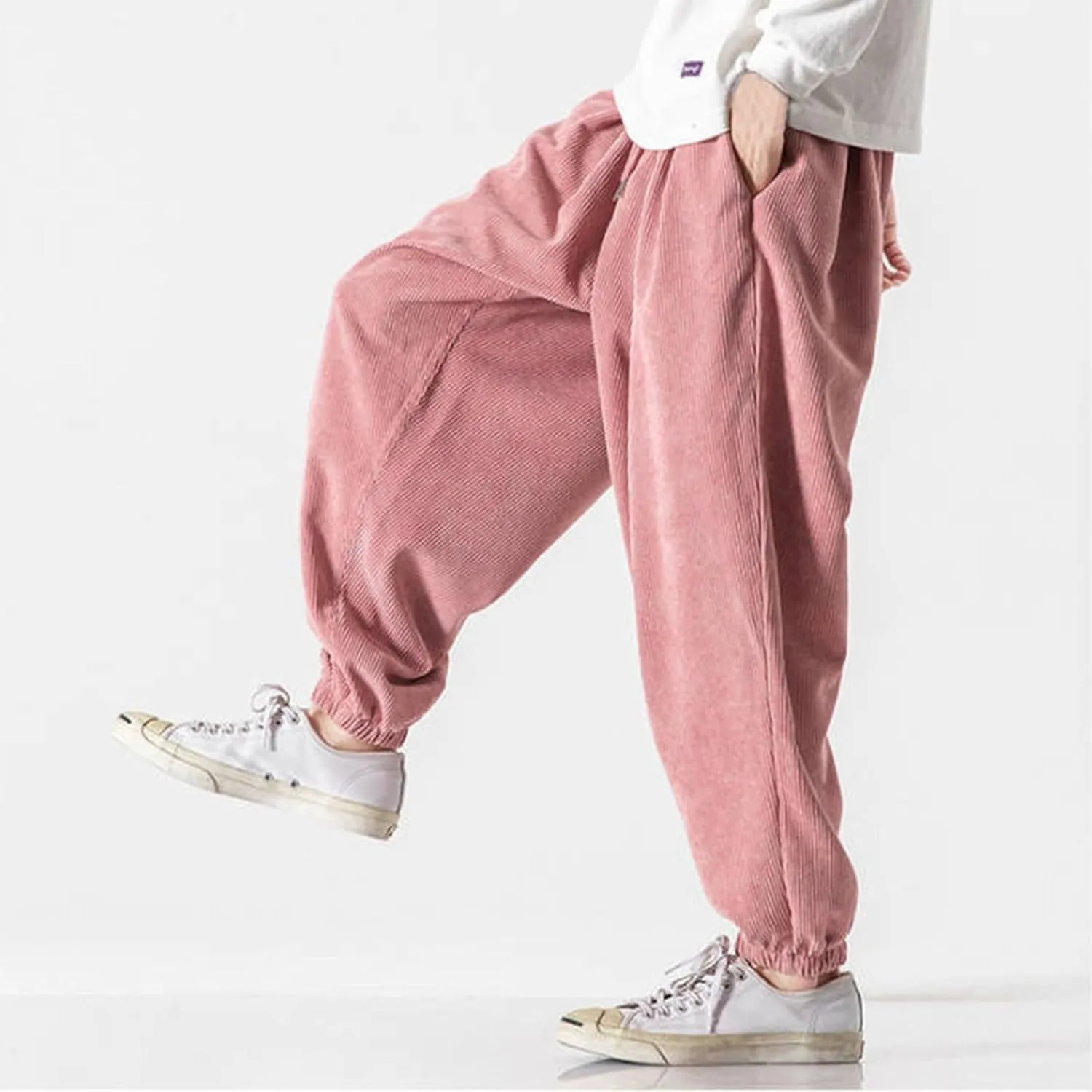 Corduroy Harem Pants for Men Relaxed Fit Plus Size Hip Hop Tapered Trousers Autumn and Winter Loose Fit Stretch Casual Pants