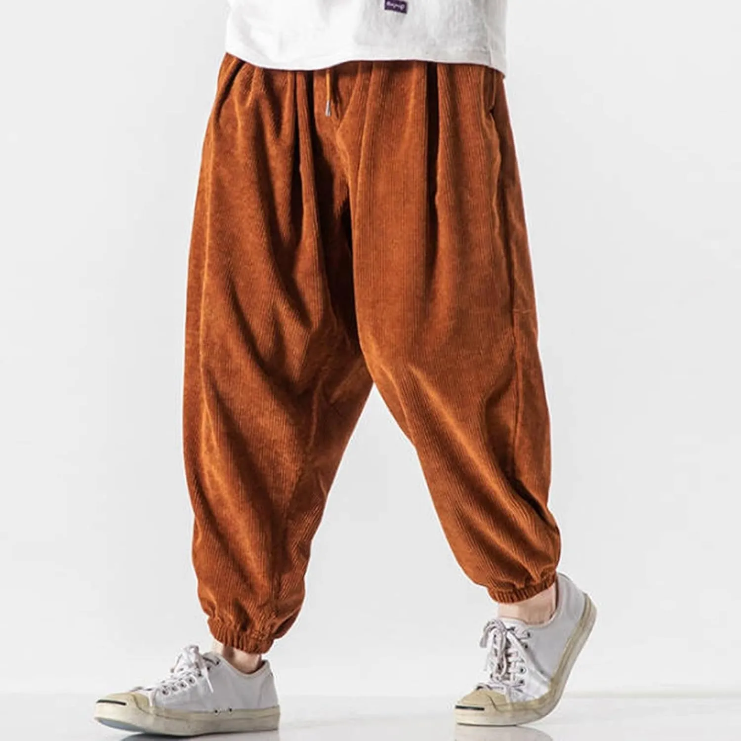 Corduroy Harem Pants for Men Relaxed Fit Plus Size Hip Hop Tapered Trousers Autumn and Winter Loose Fit Stretch Casual Pants
